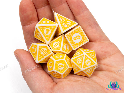 Bee's Knees | Roaring 20s: Stylized Bright Yellow & White | Acrylic Dice Set (7)