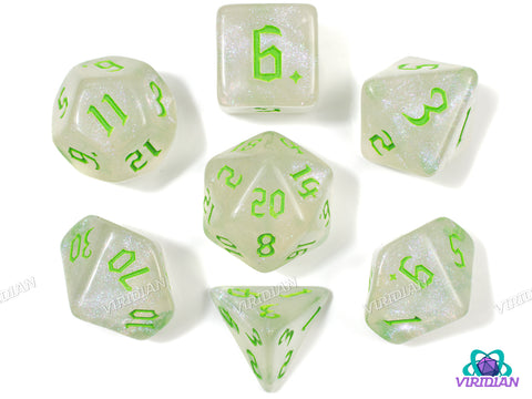 Silver Citrus | Glittery Grey-White & Lime Green | Acrylic Dice Set (7)