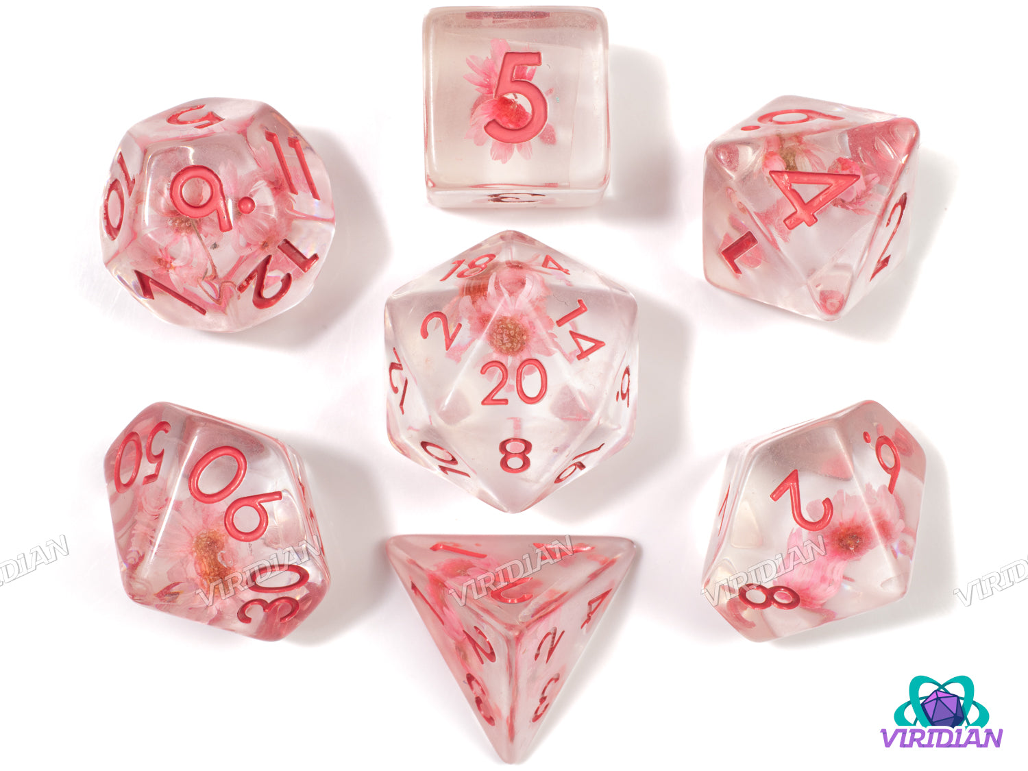 Pink Flower | Clear Transparent Dice with Small Flower Inside | Resin Dice Set (7)