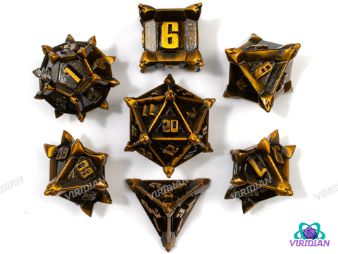 Caltrops (Shiny Gold) | Spikey, Mine-like, Yellow-Brown Aged Distressed, Unusual | Metal Dice Set (7)