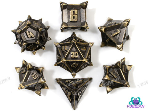 Caltrops (Shiny Bronze) | Spikey, Mine-like, Yellow-Brown Aged Distressed, Unusual | Metal Dice Set (7)