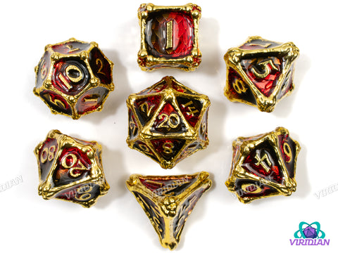 Bloodscale Hoard | Red & Black Dragon Scale & Golden Bone Design | Metal Dice Set (7)