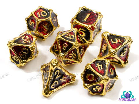 Bloodscale Hoard | Red & Black Dragon Scale & Golden Bone Design | Metal Dice Set (7)