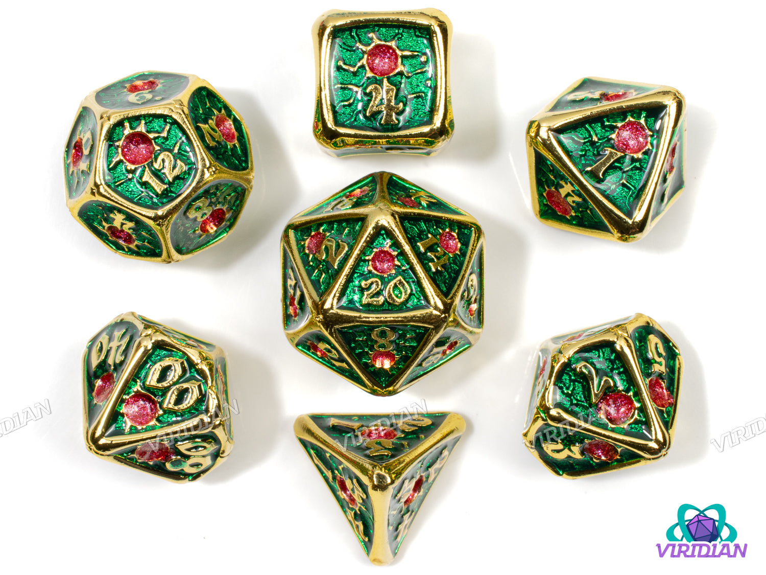 Orc Blood | Green and Bright Gold Flare Design, Light Red Gem | Metal Dice Set (7)
