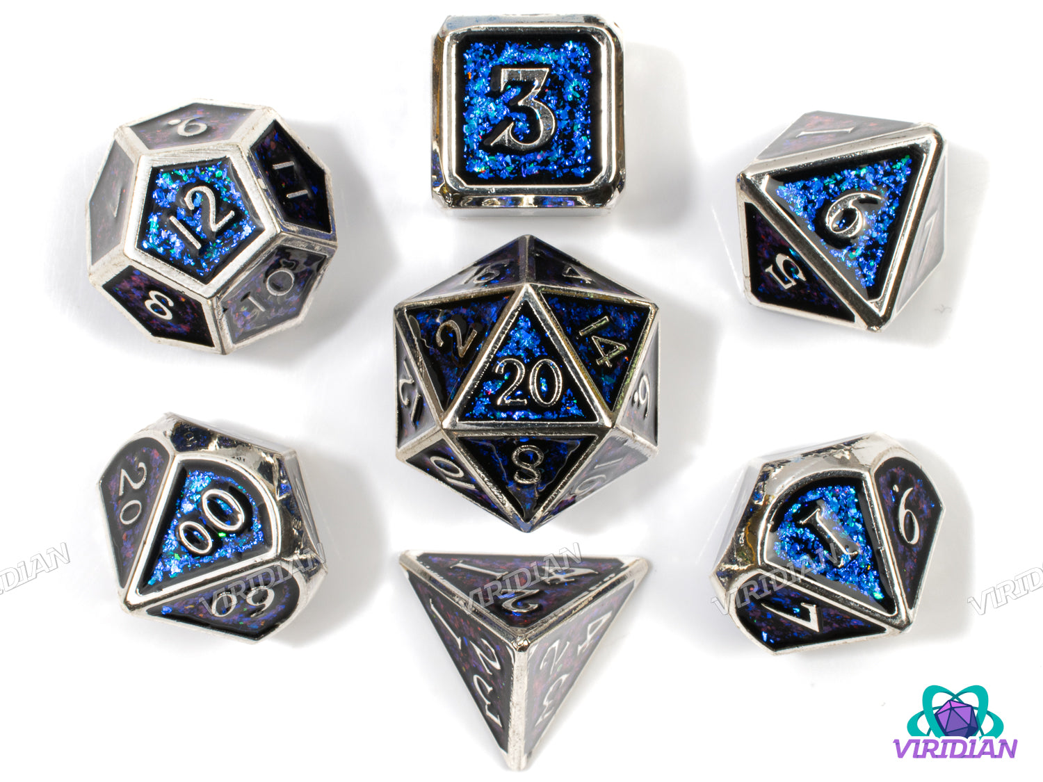 Blue and Silver | Sequined Deep Blue Mica & Black, Silver Gloss | Metal Dice Set (7)