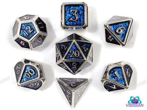 Blue and Silver | Sequined Deep Blue Mica & Black, Silver Gloss | Metal Dice Set (7)