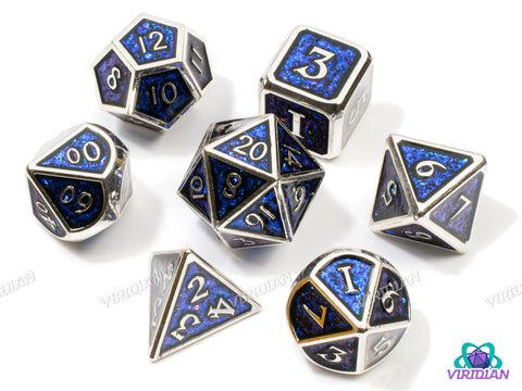 Blue and Silver | Sequined Deep Blue Mica & Black, Silver Gloss | Metal Dice Set (7)