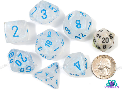 Mega-Hedral Borealis Icicle (Luminary Effect) | 22-28mm Giant Clear, Blue Ink, Glow In The Dark | Acrylic Dice Set (7)