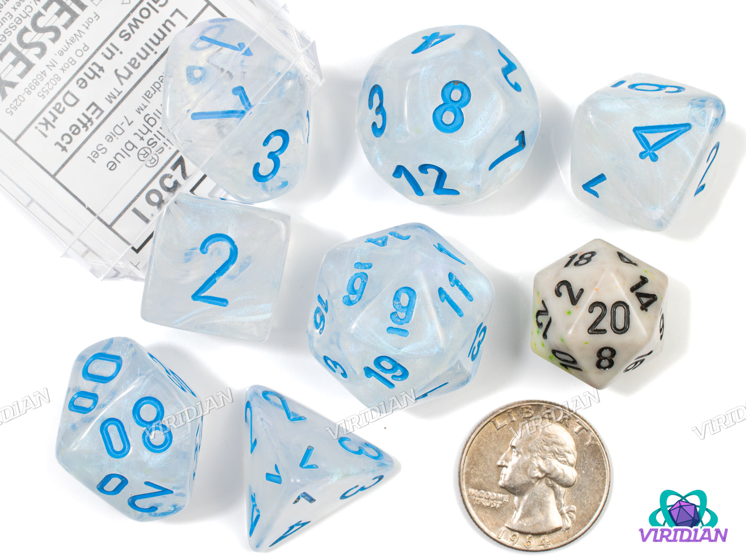 Mega-Hedral Borealis Icicle (Luminary Effect) | 22-28mm Giant Clear, Blue Ink, Glow In The Dark | Acrylic Dice Set (7)