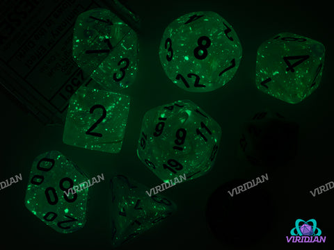 Mega-Hedral Borealis Icicle (Luminary Effect) | 22-28mm Giant Clear, Blue Ink, Glow In The Dark | Acrylic Dice Set (7)