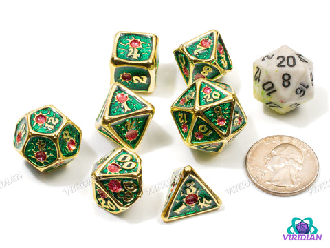 Orc Blood | Green and Bright Gold Flare Design, Light Red Gem | Metal Dice Set (7)