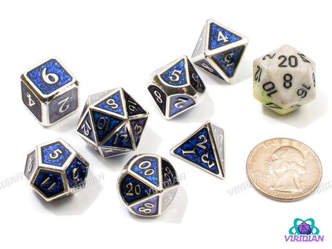 Blue and Silver | Sequined Deep Blue Mica & Black, Silver Gloss | Metal Dice Set (7)