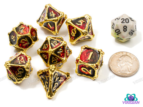 Bloodscale Hoard | Red & Black Dragon Scale & Golden Bone Design | Metal Dice Set (7)