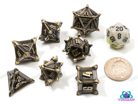 Caltrops (Shiny Bronze) | Spikey, Mine-like, Yellow-Brown Aged Distressed, Unusual | Metal Dice Set (7)