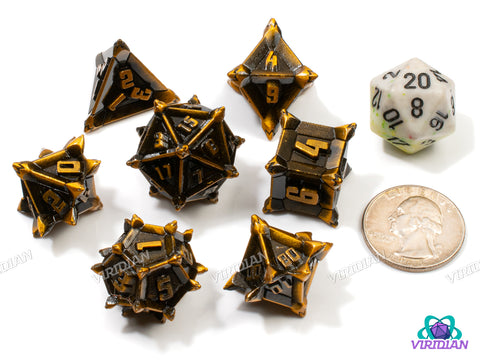 Caltrops (Shiny Gold) | Spikey, Mine-like, Yellow-Brown Aged Distressed, Unusual | Metal Dice Set (7)