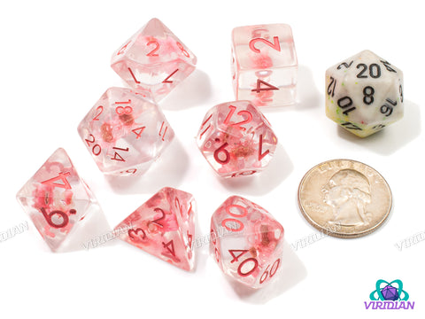 Pink Flower | Clear Transparent Dice with Small Flower Inside | Resin Dice Set (7)