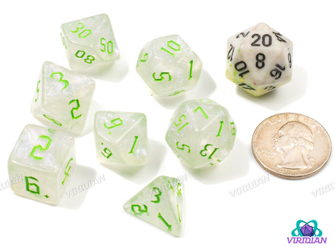 Silver Citrus | Glittery Grey-White & Lime Green | Acrylic Dice Set (7)