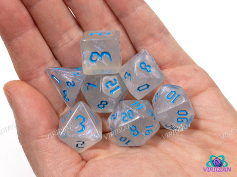 Silver Skies | Glittery White-Grey & Light Blue | Acrylic Dice Set (7)