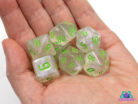 Silver Citrus | Glittery Grey-White & Lime Green | Acrylic Dice Set (7)