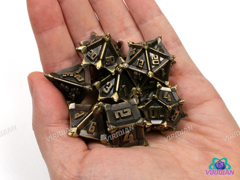 Caltrops (Shiny Bronze) | Spikey, Mine-like, Yellow-Brown Aged Distressed, Unusual | Metal Dice Set (7)