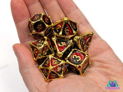 Bloodscale Hoard | Red & Black Dragon Scale & Golden Bone Design | Metal Dice Set (7)