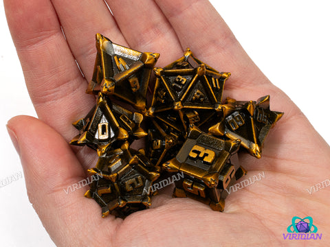 Caltrops (Shiny Gold) | Spikey, Mine-like, Yellow-Brown Aged Distressed, Unusual | Metal Dice Set (7)