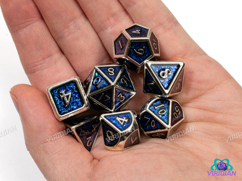 Blue and Silver | Sequined Deep Blue Mica & Black, Silver Gloss | Metal Dice Set (7)