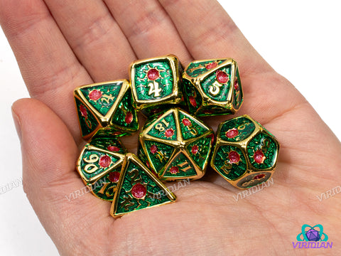Orc Blood | Green and Bright Gold Flare Design, Light Red Gem | Metal Dice Set (7)