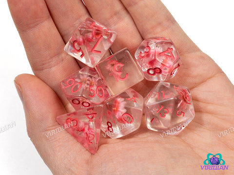 Pink Flower | Clear Transparent Dice with Small Flower Inside | Resin Dice Set (7)