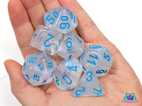 Mega-Hedral Borealis Icicle (Luminary Effect) | 22-28mm Giant Clear, Blue Ink, Glow In The Dark | Acrylic Dice Set (7)