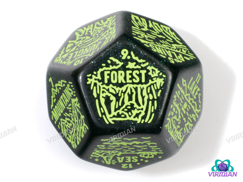 Geography Generator Die | D&D Overworld Map Biome Randomization Dice, Plains, Jungle, Forest, Swamp, Mountains, Landscapes | 30mm Acrylic Giant D12 (1)