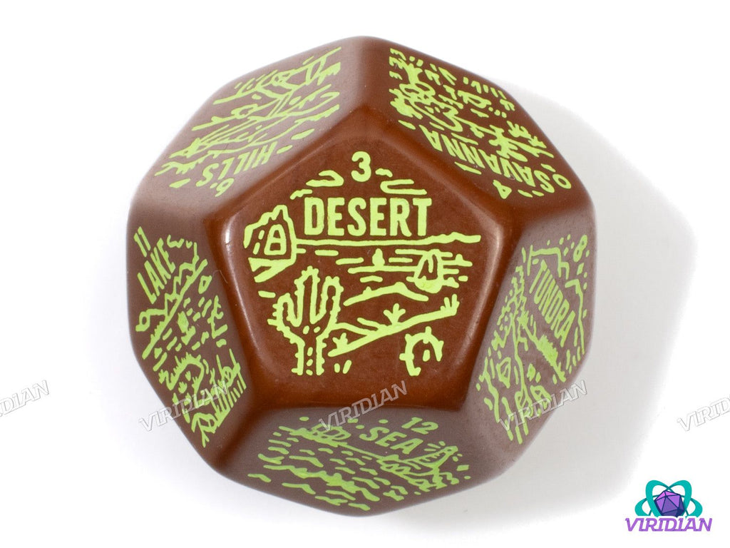 Brown acrylic D12 Geography Generator Die with neon green 'Desert' biome design, part of D&D terrain dice set for landscape generation.