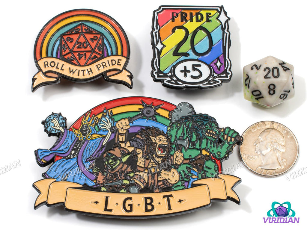 Full Pin Pals: Pride Pack set of three enamel pins with fantasy LGBT theme, rainbow D20, and Pride 20 +5, shown with size references.