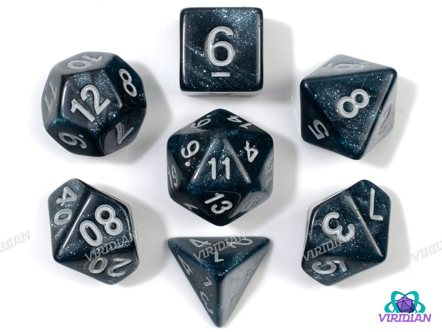 Dead of Winter | Deep Dark Blue-Black with Glittery Swirls, Silver Ink | Acrylic Dice Set (7)