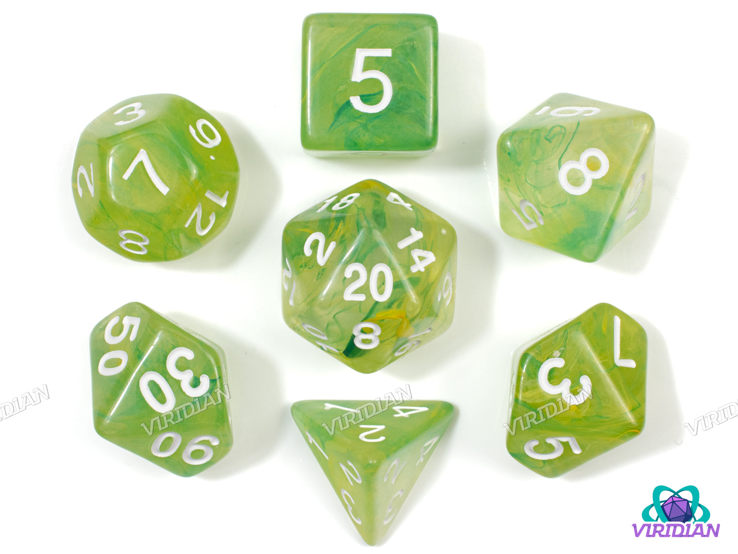 Lush Wind | Nebulous Light Green & Light Yellow Smoke Swirls | Acrylic Dice Set (7)