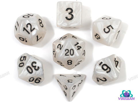 Classic Pearled | Pearled Silver-White Swirled, Black Ink | Acrylic Dice Set (7)