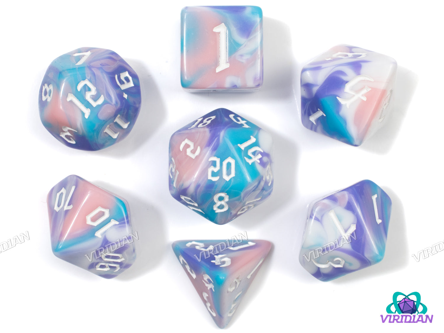 Fairy Floss Redux | Pastel Pink, Blue, Purple, & White Swirled | Acrylic Dice Set (7)