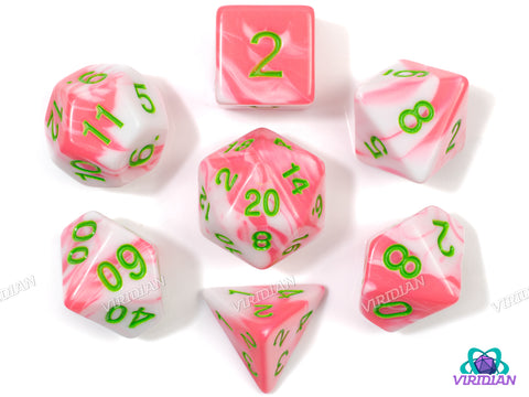 Watermelon Taffy | Bright Pink & White Swirl, Green Ink | Acrylic Dice Set (7)