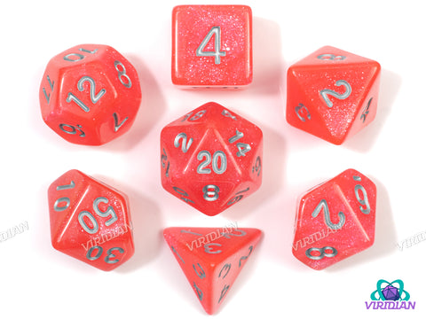 Strawberry Desire | Glittery Neon Red-Pink, Pearled, Blacklight Reactive | Acrylic Dice Set (7)