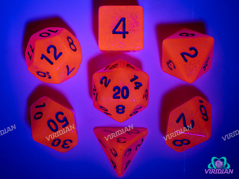 Strawberry Desire | Glittery Neon Red-Pink, Pearled, Blacklight Reactive | Acrylic Dice Set (7)