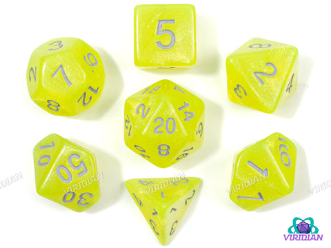 Sparkling Banana | Glittery Neon Yellow-Green, Silver Ink | Acrylic Dice Set (7)