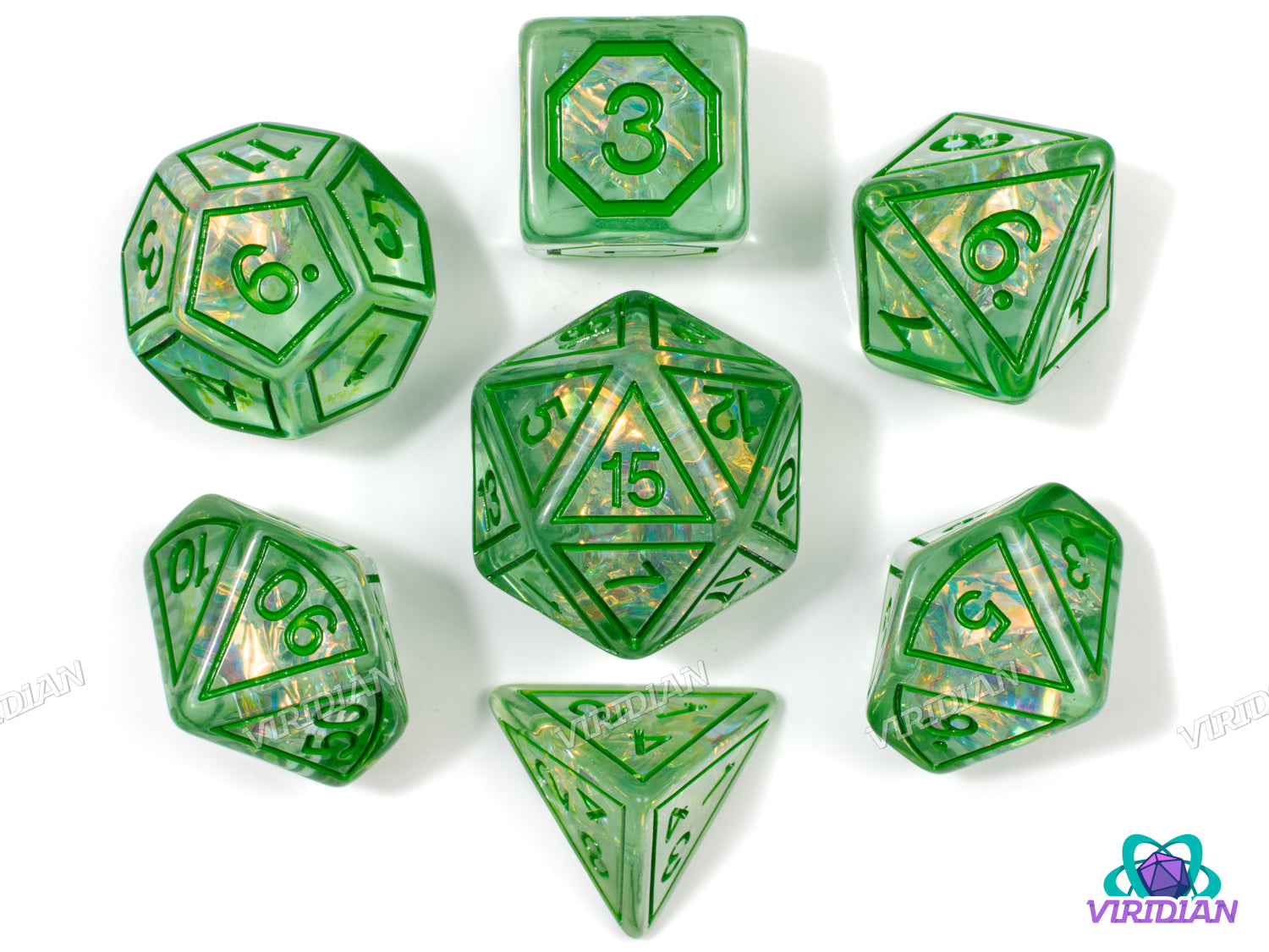 Green Magic Stone | Light Green Translucent, Frame Design, Holographic Film | Resin Dice Set (7)