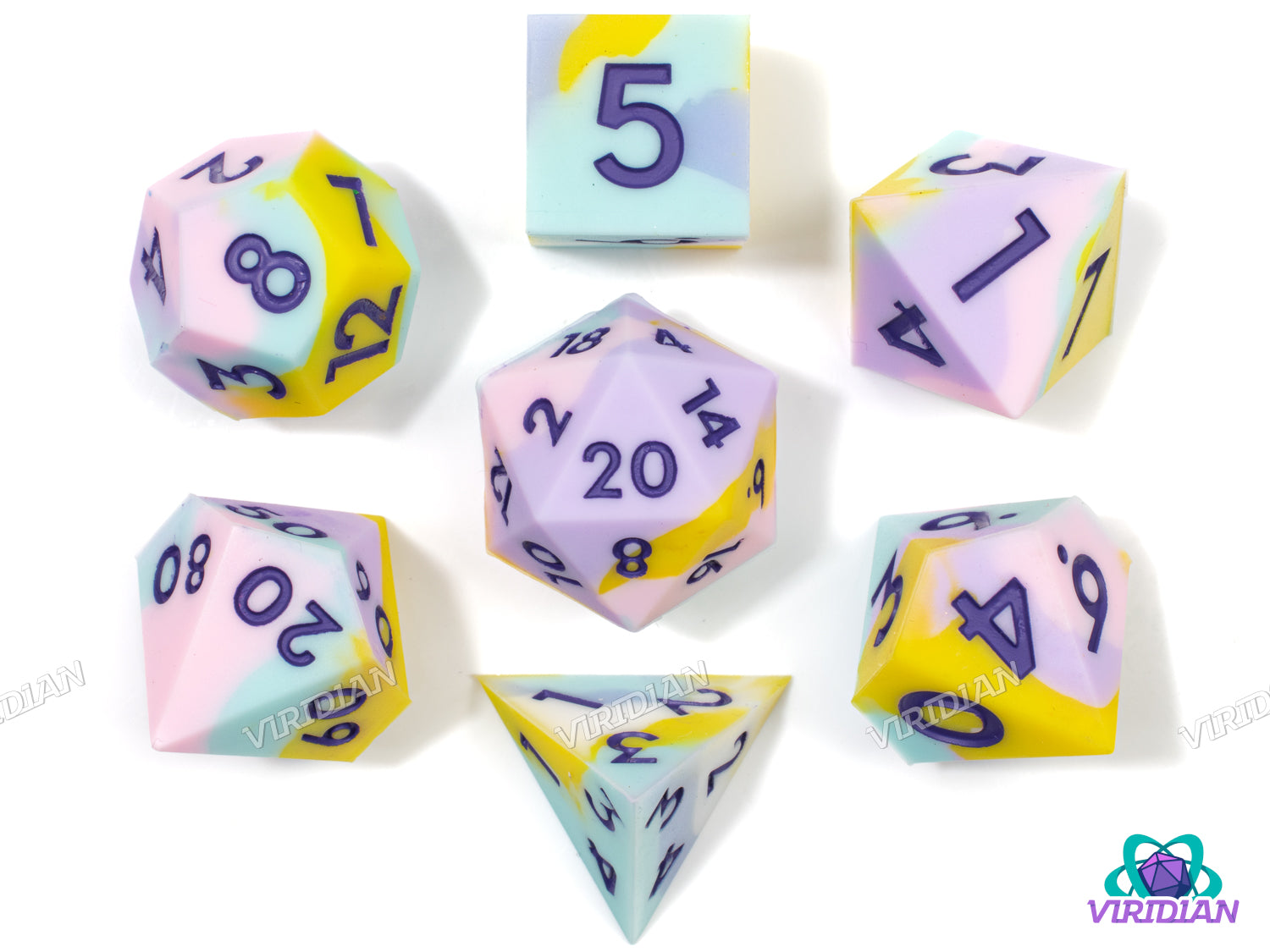 Pastel Daydream (Silicone) | Light Blue, Pink, Yellow, & White Swirled, Sharp Edge, Bouncy, Rubber-like | Large Silicone Dice Set (7)