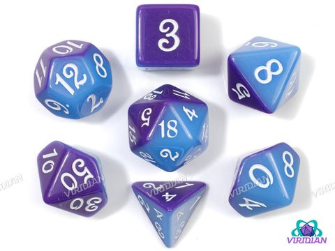 Magician's Twilight | Half Purple, Half Light Slate Blue, White Script Font | Acrylic Dice Set (7)