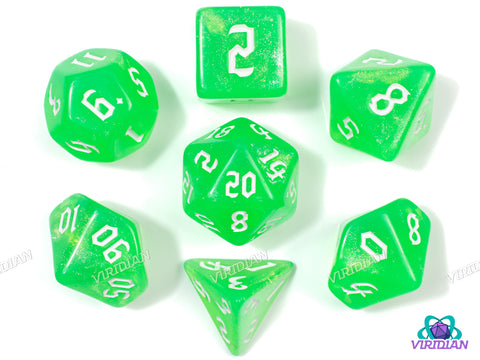 Extra Radiation | Neon Atomic Lime with Glittery Swirls | Acrylic Dice Set (7)