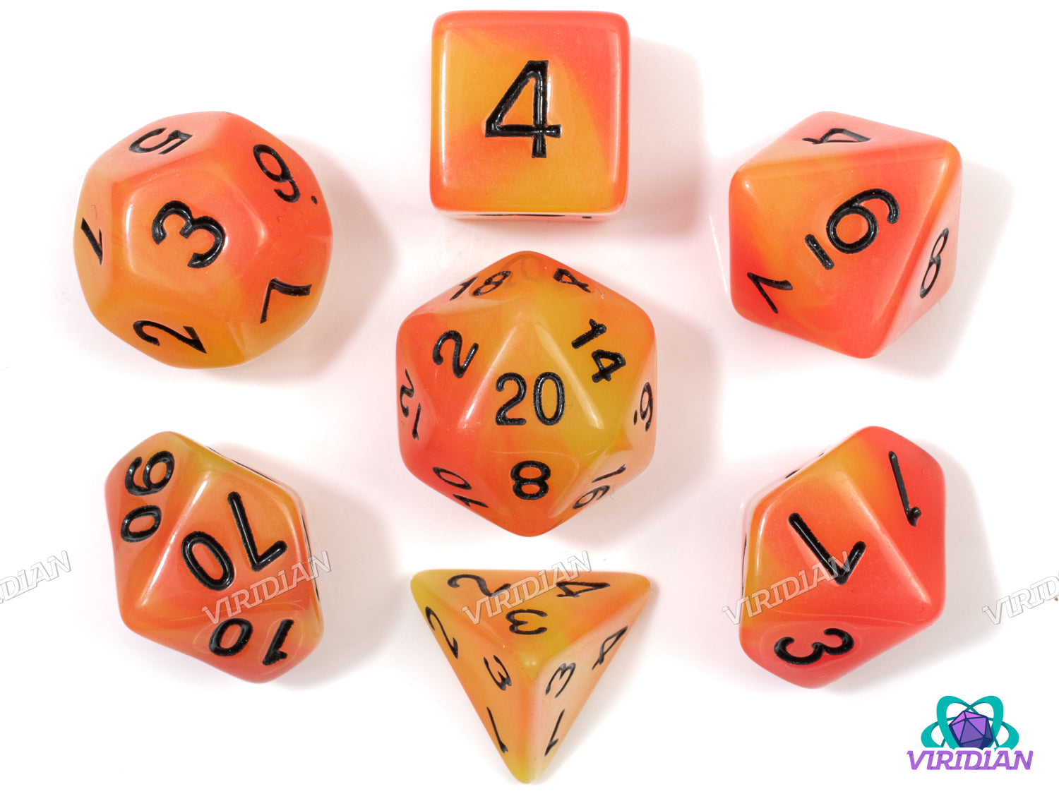 Sun Flare (Glow In The Dark) | Red-Orange & Green Swirls | Acrylic Dice Set (7)