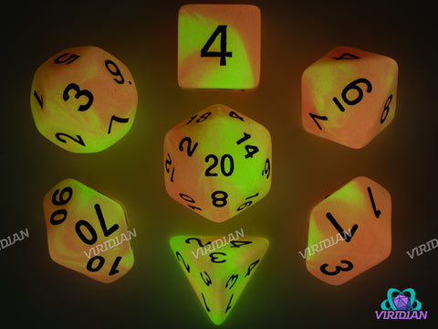 Sun Flare (Glow In The Dark) | Red-Orange & Green Swirls | Acrylic Dice Set (7)