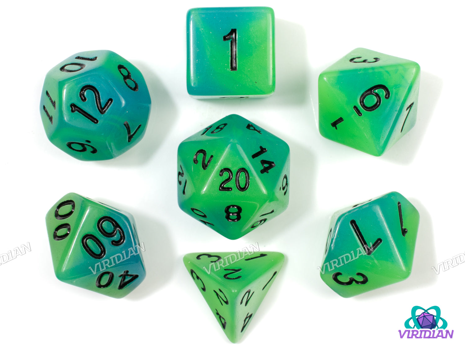 Bioluminescent Bay (Glow in the Dark) | Neon Green & Blue Swirls | Acrylic Dice Set (7)