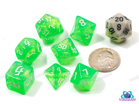 Extra Radiation | Neon Atomic Lime with Glittery Swirls | Acrylic Dice Set (7)