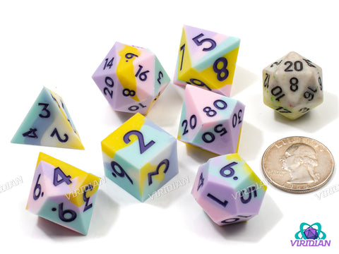 Pastel Daydream (Silicone) | Light Blue, Pink, Yellow, & White Swirled, Sharp Edge, Bouncy, Rubber-like | Large Silicone Dice Set (7)